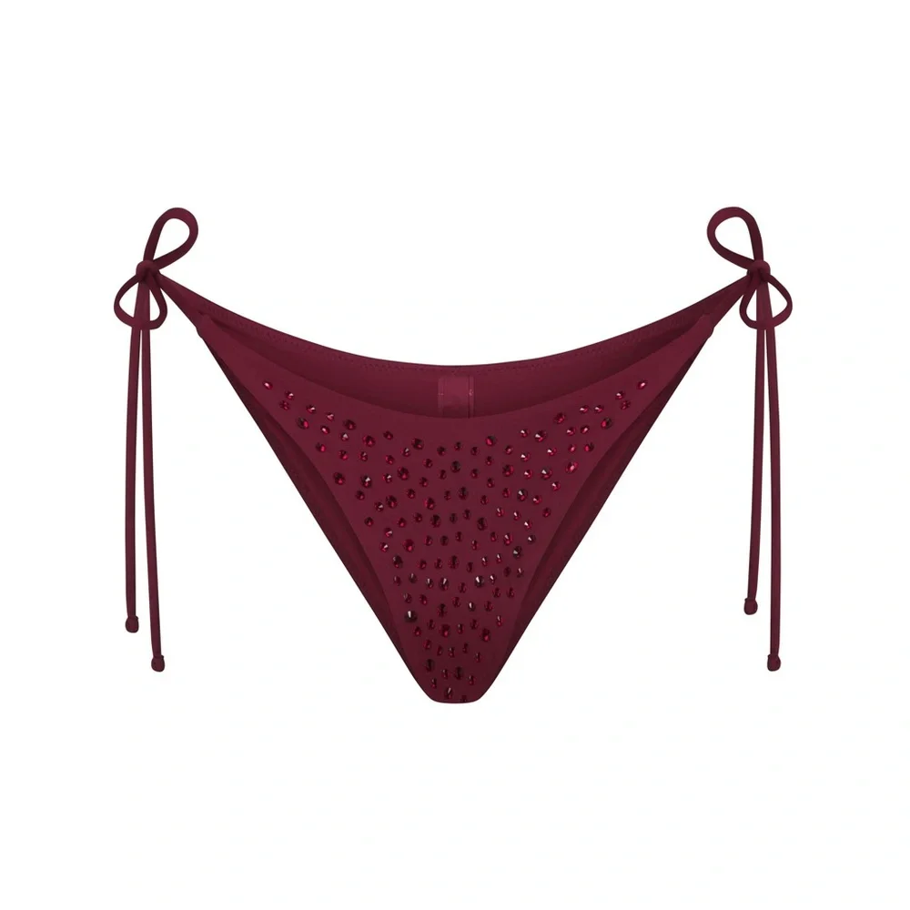 ♥️SKIMS SWIM RHINESTONE TIE BIKINI BOTTOM WINE XL